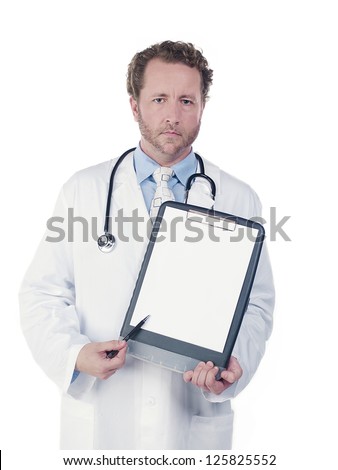Portrait of a young doctor showing reports over white background