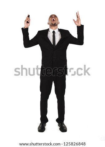 View of a shocked businessman with hands raised and mouth open over white background