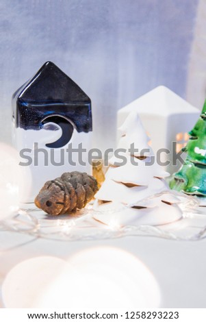Christmas composition with Blank, Christmas Decorations, Lights, Flatlay, Copy Space