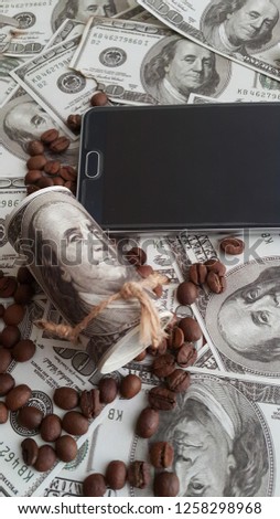 American dollar coffee cup, coffee beans mobile phone