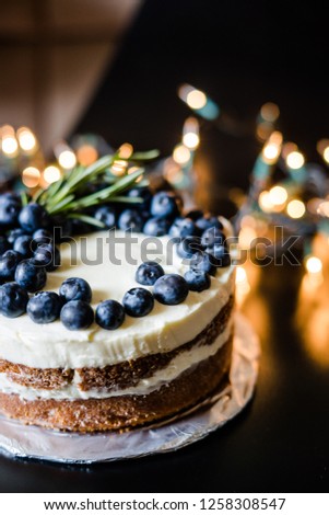 Blueberry Homemade Cake with Rosemary and Bokeh Lights