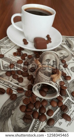 Turkish coffee background with american dollar and coffee beans.