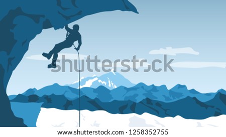 Mountaineer  hangs on a rope from the ice block with a special tourist equipment. Mountaineering winter background. Extreme sport concept. Vector illustration