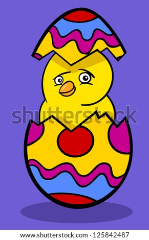 Cartoon Vector Illustration of Funny Little Yellow Chicken or Chick in Colored Eggshell of Easter Egg