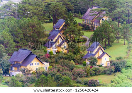 luxury resort next to the lake in pine forest with fresh air, nature, relaxing at dawn. Photo taken in Dalat, Vietnam