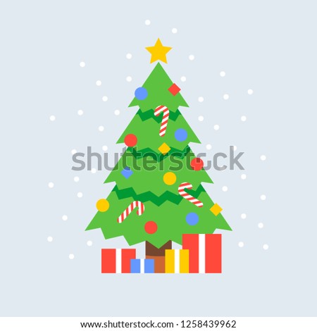 Decorated christmas tree with star at the top, candy sticks and gifts. Flat design happy new year holiday vector background illustration. Snowflakes falling on a pine tree.
