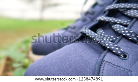 A pair of  blue walking sneakers shoes on the grass background.
