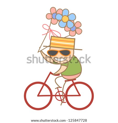 cartoon character of man holding a bunch of flower while riding bike
