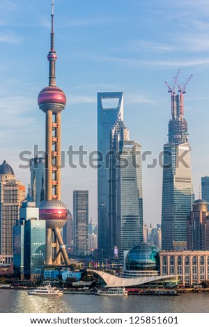 Oriental Pearl Tower and Shanghai World Financial Center (SWFC) & Jin Mao Tower with shanghai skyline.