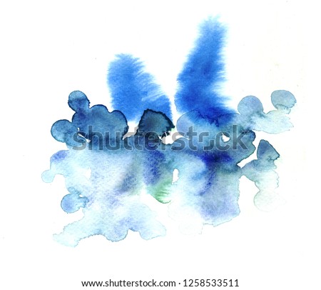 blots and stains of blue paint watercolor illustration