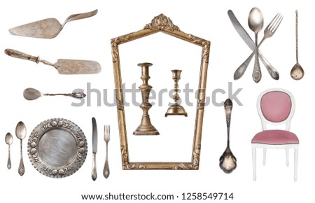 Set of 17 gorgeous old vintage items. Old dishes, appliances, kettles, chairs, books,  candlesticks, picture frames. Isolated on white background.