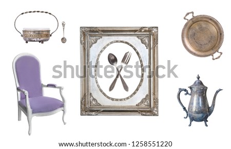 Set of 8 gorgeous old vintage items. Old dishes, appliances, kettles, chairs, books, candlesticks, picture frames. Isolated on white background.