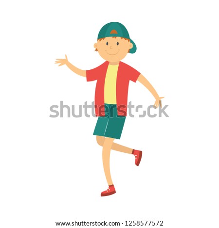 Cheerful boy teen kid dancing in cap in hip hop style. Male cute character smiling having fun. Young happy dancer teenager. isolated illustration.