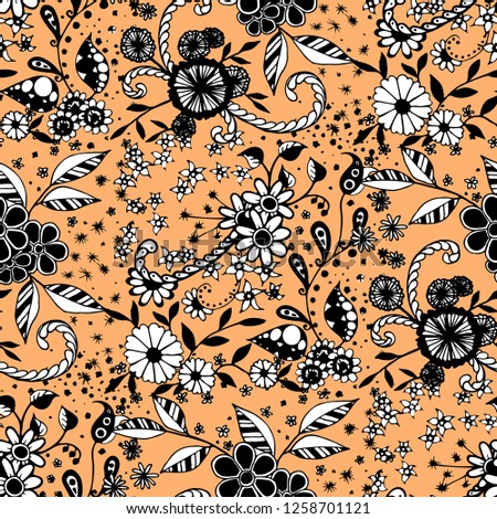 Little Flowers. Seamless Pattern in Liberty Style. Summer Floral Texture with Hand Drawn Doodle Blossoms, Leaves and Buds. Small Natural Rapport for Dress, Cloth, Paper. Vector Zentangle.