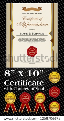 8x10 size of Certificate of Appreciation with laurel wreath and wax seal portrait version