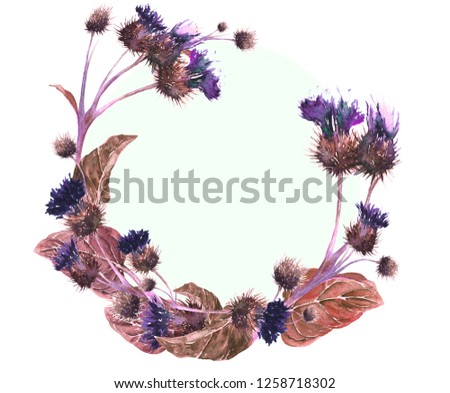 Hand drawn watercolor wreath of a colorful neon violet, brown and red meadow thistle. Botanical vintage watercolor illustration. Design for cards, fabric, textile, cover
