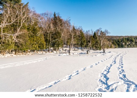 Natural skating rink on a frozen lake, man and boy shovel snow off the ice, piling snow, at the edge of the lake. copy space