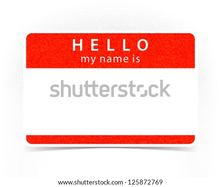 Red name tag empty sticker HELLO my name is with drop gray shadow on white background. This image is a bitmap copy my vector illustration