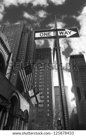 One Way Sign against New York Skyscrapers