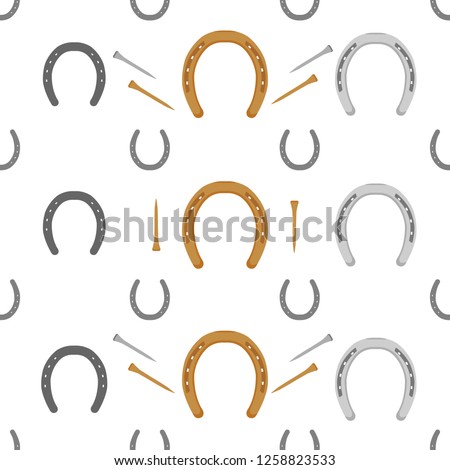 Horseshoes and nails - a seamless vector background equestrian theme. Horse equipment. For wrapping paper, backdrops, prints on clothing. Royalty-Free Stock Photo #1258823533