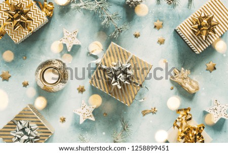 Holiday background with christmas gifts. Top view.