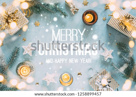 Christmas background with gifts and text - Merry Christmas and Happy New Year.
