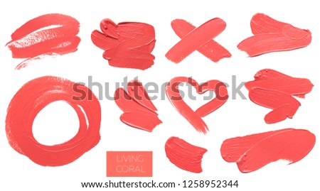 many brush and paint texture on paper living coral. Color of the year 2019. banner, isolated, copyspace