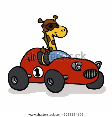 Giraffe riding racing car
