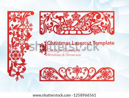 Laser cutting design for Christmas and New Year. Silhouette cut. A set of template of corner and horizontal elements to create a festive decor. Patterns for decorating a rectangular frame and border