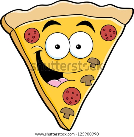 Cartoon illustration of a smiling pizza slice.