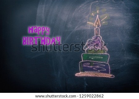 draw a birthday cake picture by chalk pastels on a school blackboard.