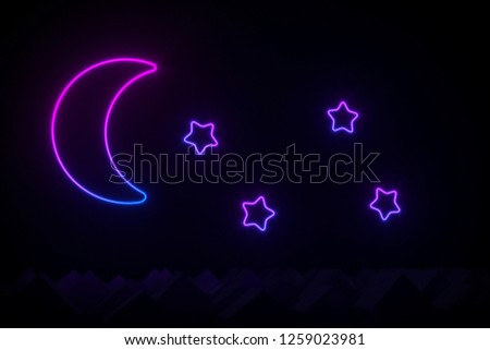 Silhouettes of small village houses with pitched roofs illuminated by neon moon and stars 3D illustration