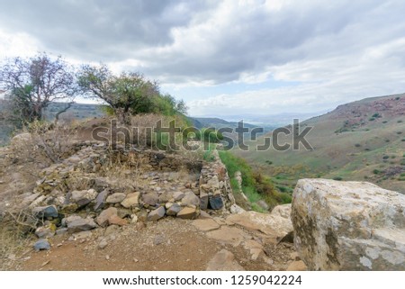 View of the remains of the ancient city and fortress of Gamla, with the Sea of Galilee in the background. Golan Heights, Northern Israel
