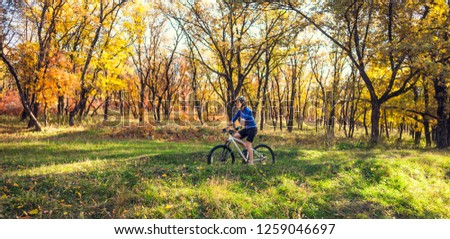 The girl with a backpack rides a bike in the autumn park. Slender woman trains in nature. Sports in the forest. Tourist rides on a dirt trail. Traveling by bike.