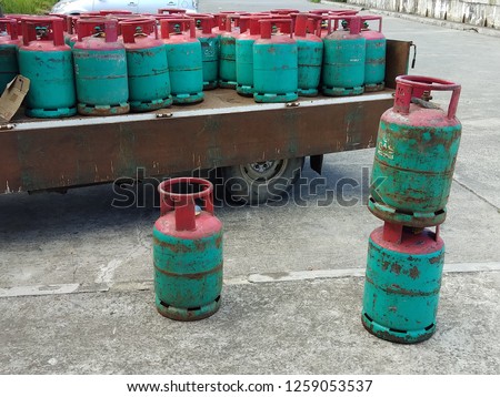 Sandakan, Sabah-JUN 19,2018: An image of Petronas cooking gas cylinders at Sandakan, Sabah. Ready for sale at market trading.