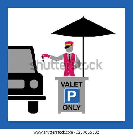 Valet desk and umbrella silhouette with parking sign. All the objects are in different layers and the text types do not need any font. 