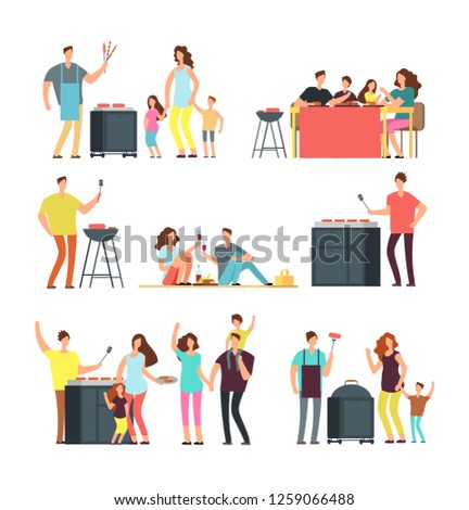 Resting people on bbq picnic. Active family and kids playing outdoor. Cartoon characters isolated