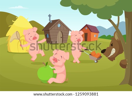 Three little pigs near their small houses and scary wolf