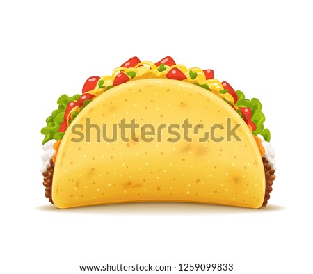 Tacos with meat and vegetable. Traditional mexican fast-food. Taco Mexico food with tortilla, leaves lettuce, cheese, tomato, forcemeat, sauce. Isolated white background. EPS10 vector illustration. Royalty-Free Stock Photo #1259099833