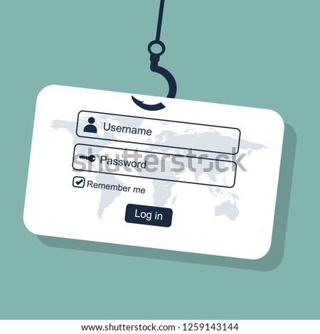 Login into account and fishing hook. Internet phishing, hacked login and password. Computer netwrok and internet security concept. Anti virus, spyware, malware. illustration in flat style