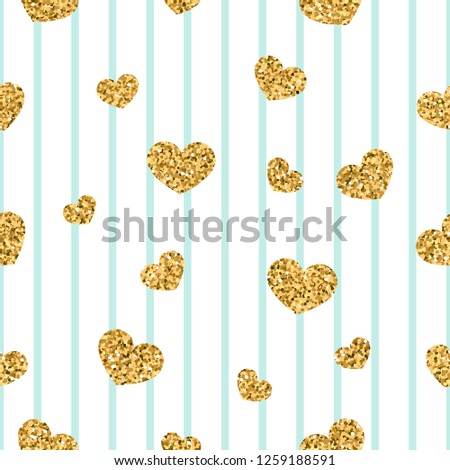 Gold heart seamless pattern. Blue-white geometric stripes, golden confetti-hearts. Symbol of love, Valentine day holiday. Design wallpaper, background, fabric texture illustration