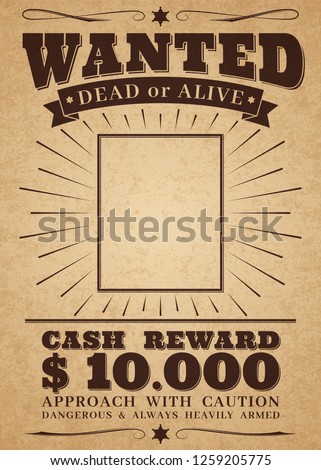 Wanted vintage western poster. Dead or alive crime outlaw. Wanted for reward retro banner Royalty-Free Stock Photo #1259205775
