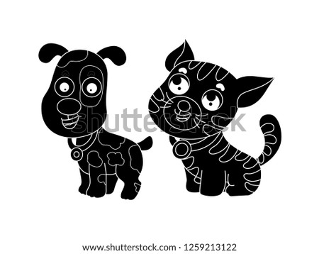 black and white line art  silhouette vector illustration dog and cat