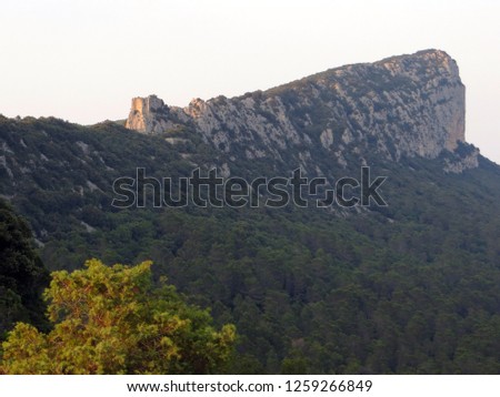 The Pic Saint Loup and the ruins of the Castle of Montferrand (South of France)