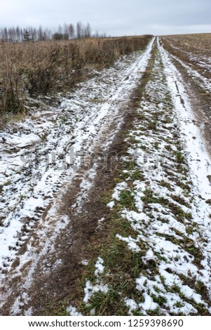 road is powdered with the first snow goes away in the field/vertical frame