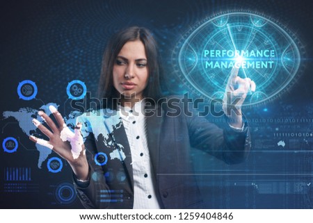 The concept of business, technology, the Internet and the network. A young entrepreneur working on a virtual screen of the future and sees the inscription: Performance management
