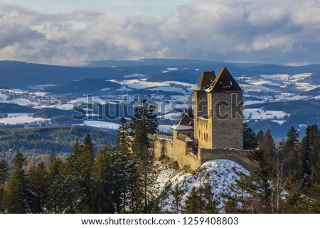 Snowy winter in the medieval castle Kasperk in the National park Sumava, Kasperske Hory, Czech republic