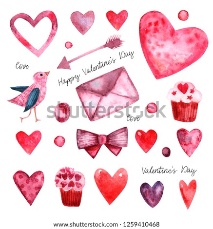 St. Valentine's Hand drawn watercolor illustrations on white background: bird, letter, bow, pink and red hearts, cupcake, arrow. Perfect for wallpaper,print,postcard design,invitations, stickers set