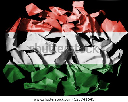 Hungary. Hungarian flag  painted on pieces of torn paper on black background