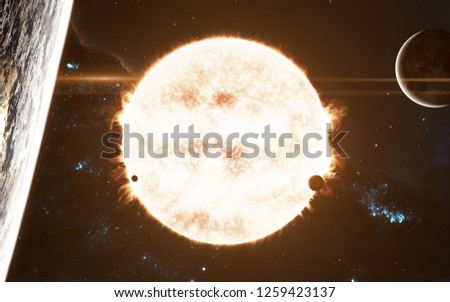The sun. Red star of the solar system. Science fiction art. Image in 5K for desktop wallpaper. Elements of the image were furnished by NASA